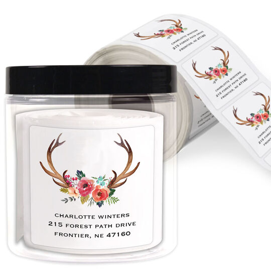 White Decorated Antler Square Address Labels in a Jar